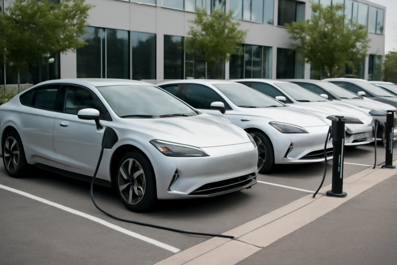 rangée de véhicules électriques sur parking d'entreprise