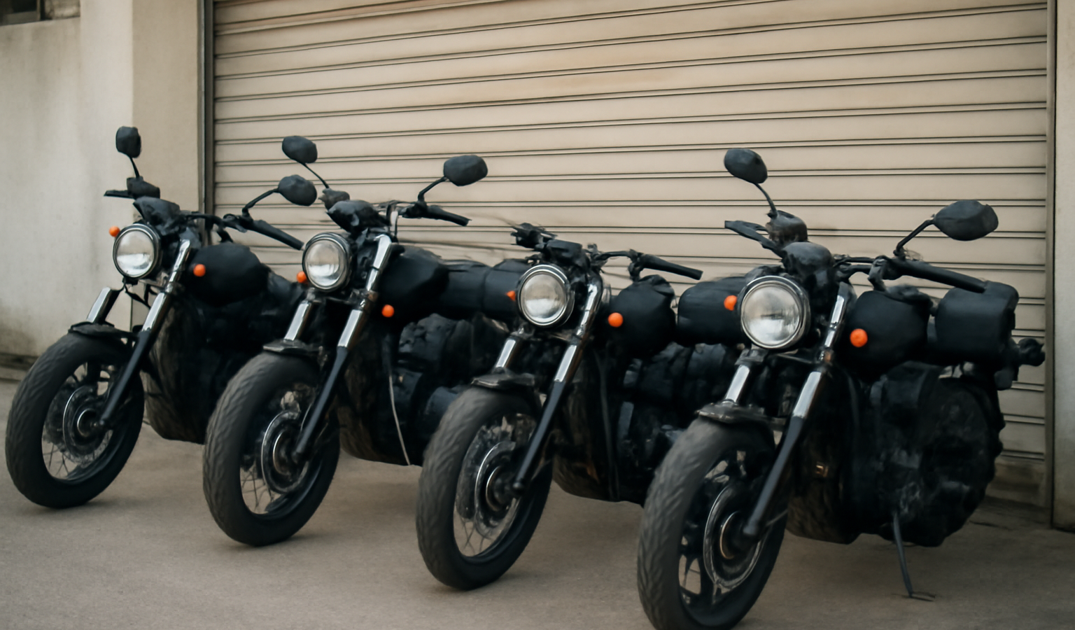 motocyclettes alignées devant un garage