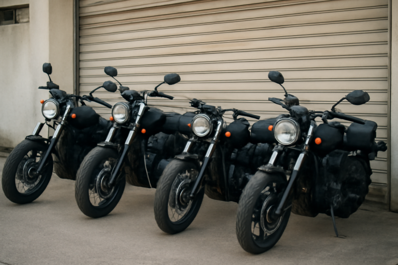 motocyclettes alignées devant un garage