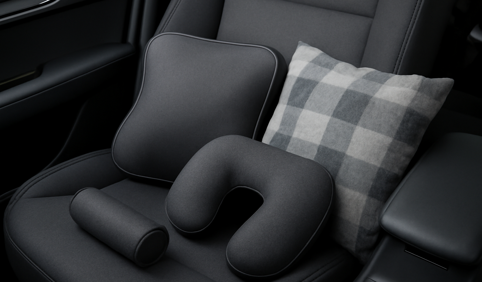 coussins et accessoires auto disposes sur siege