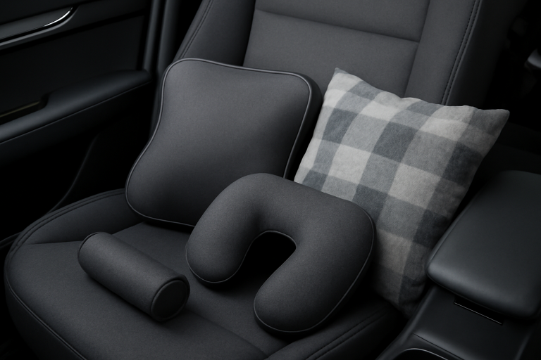 coussins et accessoires auto disposes sur siege