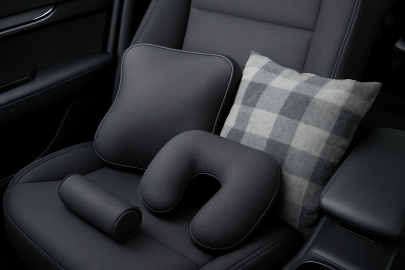 coussins et accessoires auto disposes sur siege