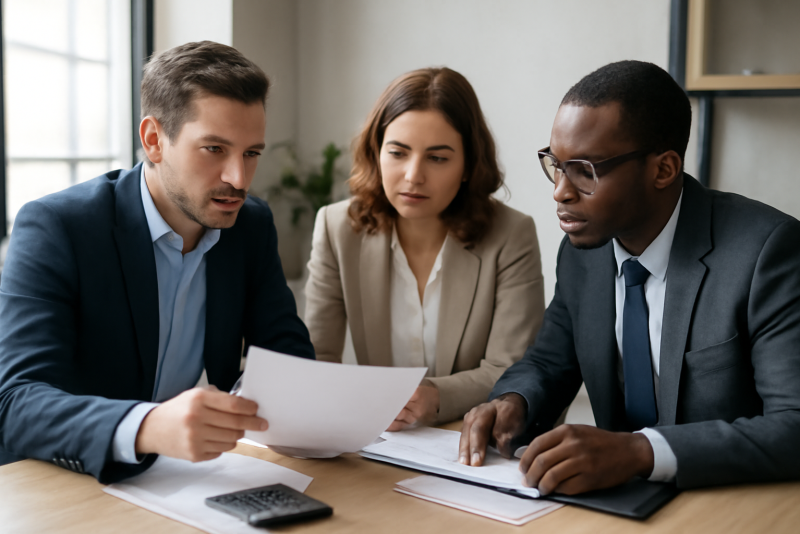 réunion entre professionnels consultant documents financement