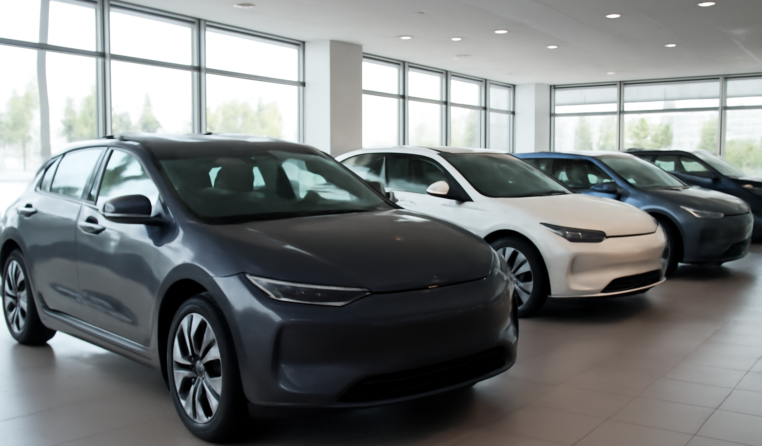 concession avec plusieurs voitures électriques alignées