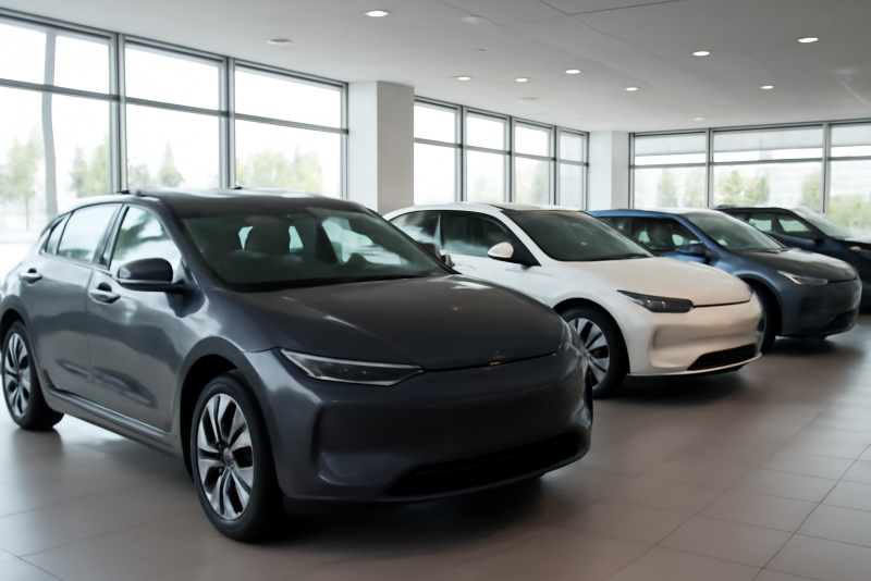 concession avec plusieurs voitures électriques alignées