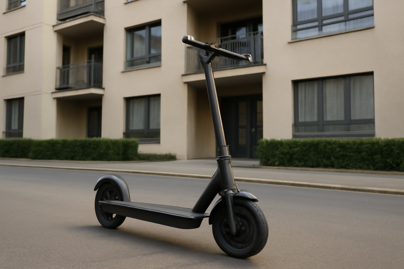 scooter électrique garé devant immeuble résidentiel
