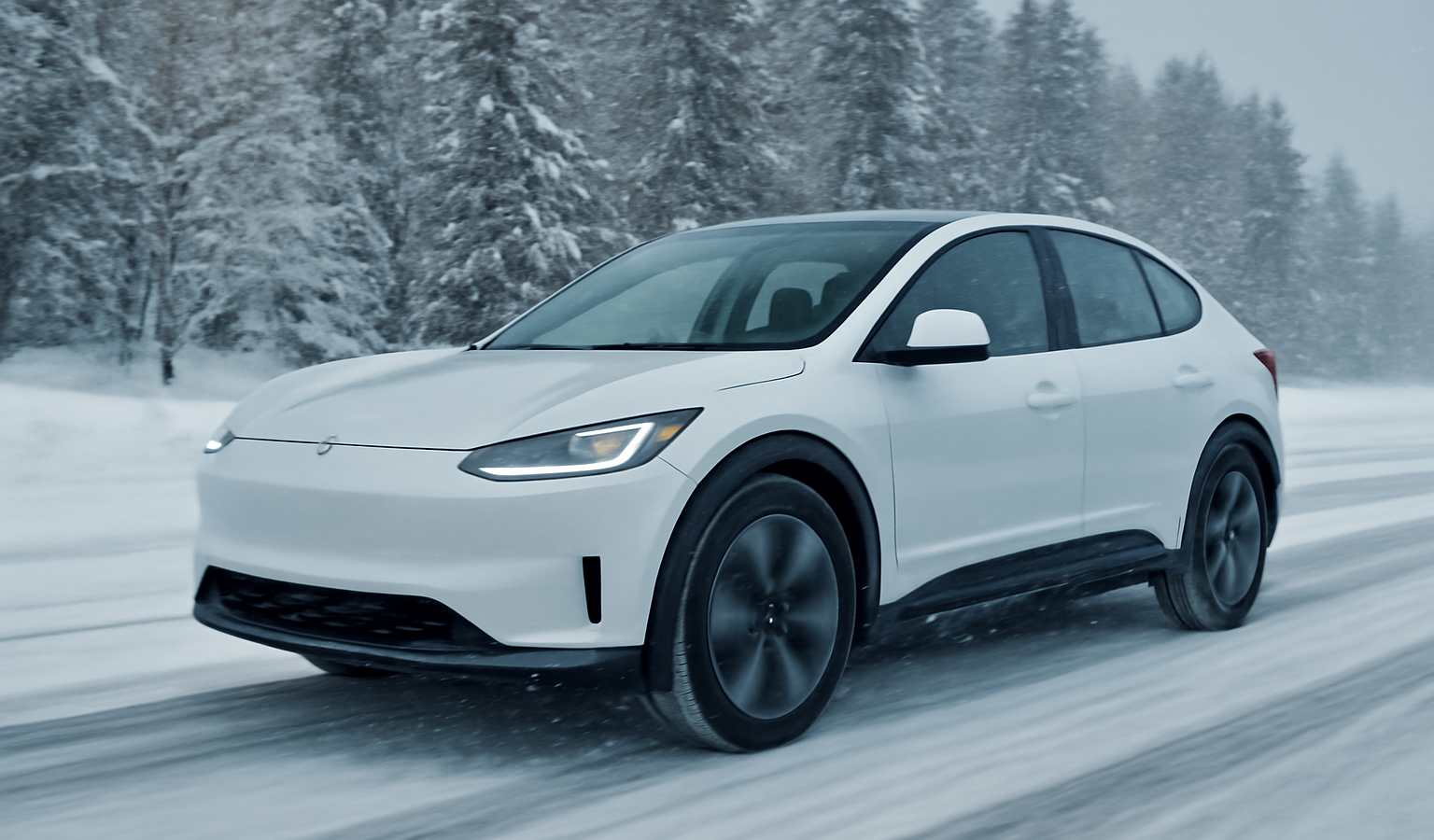 voiture électrique roulant sur route enneigée