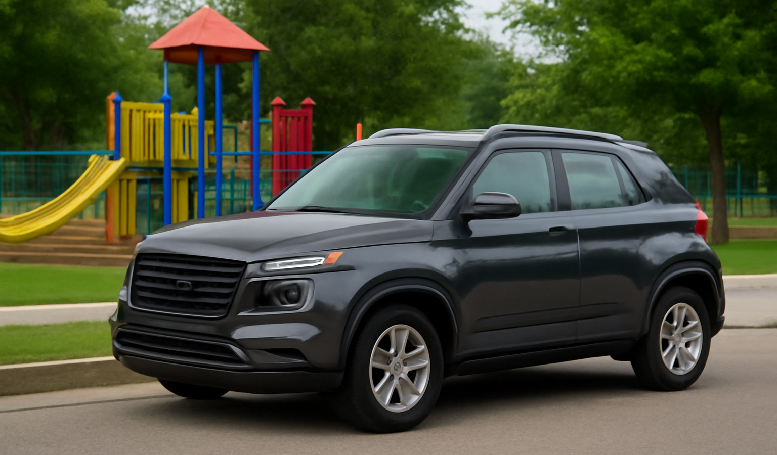 suv compact stationne devant aire de jeux