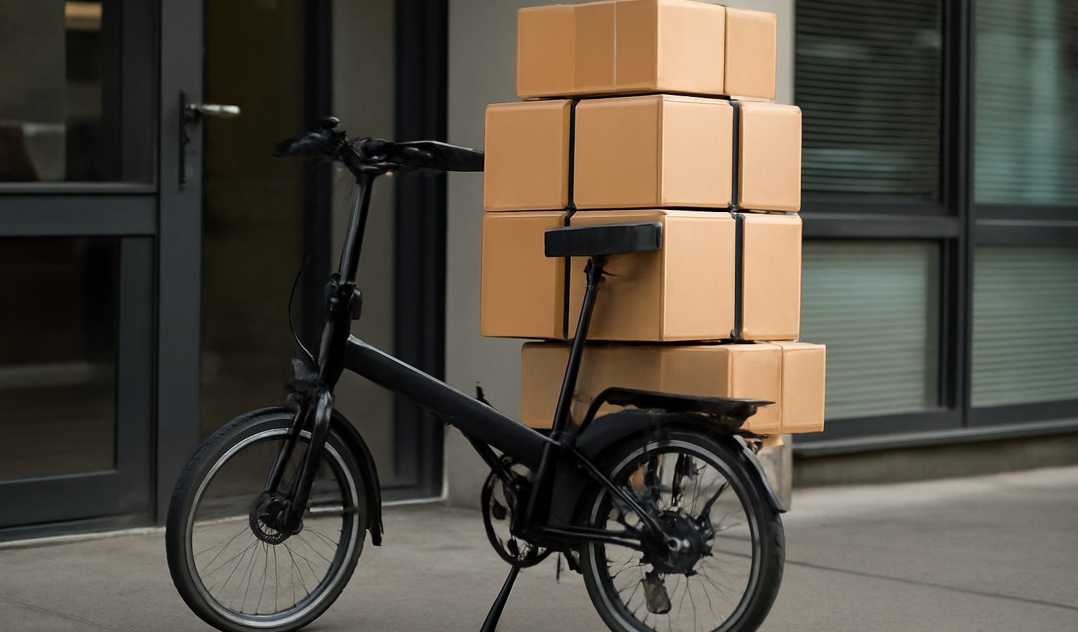 vélo pliant chargé de colis devant bureau