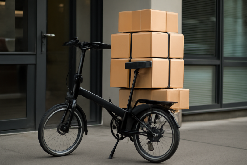 vélo pliant chargé de colis devant bureau