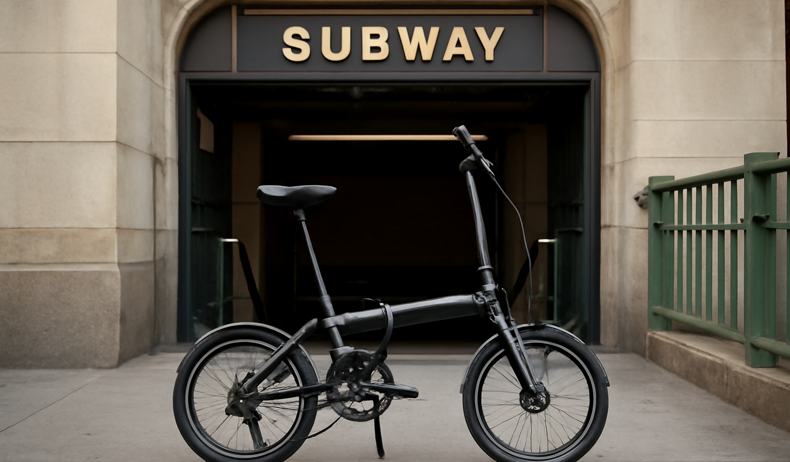 vélo pliant posé devant entrée de métro