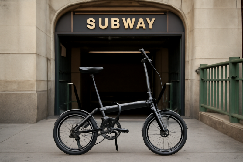 vélo pliant posé devant entrée de métro
