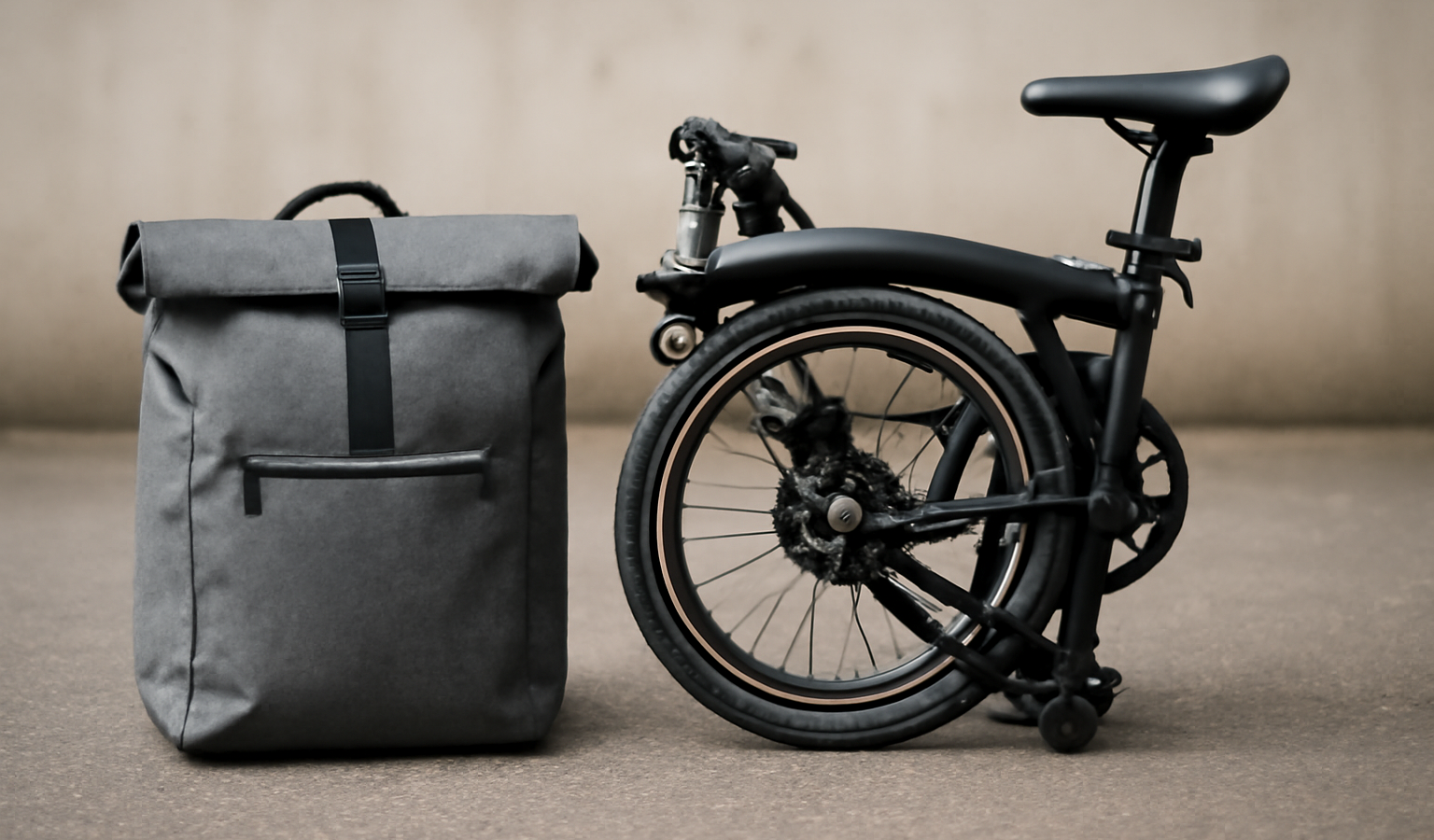 sac de vélo posé à côté vélo pliant