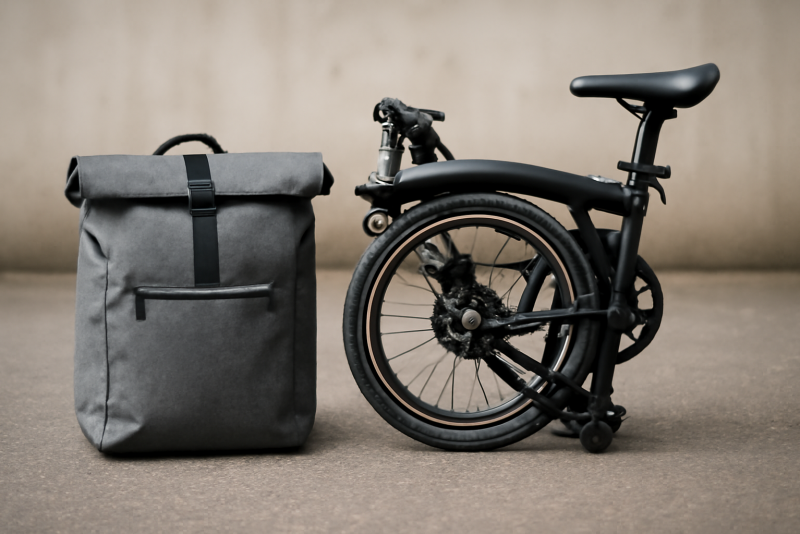 sac de vélo posé à côté vélo pliant