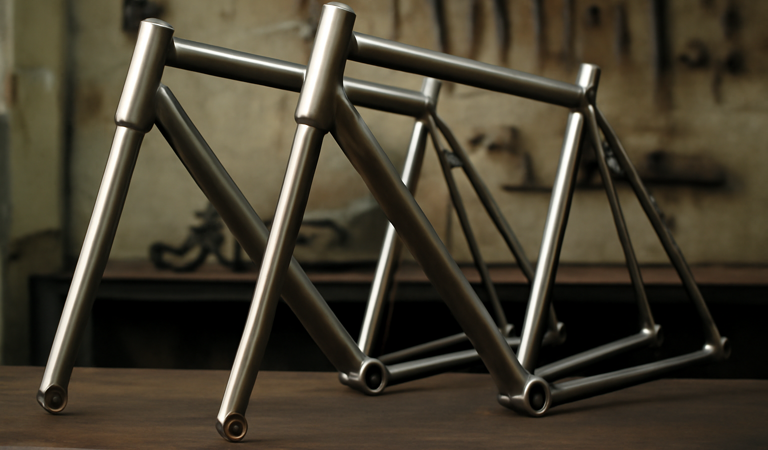 deux cadres de velo alignes en atelier