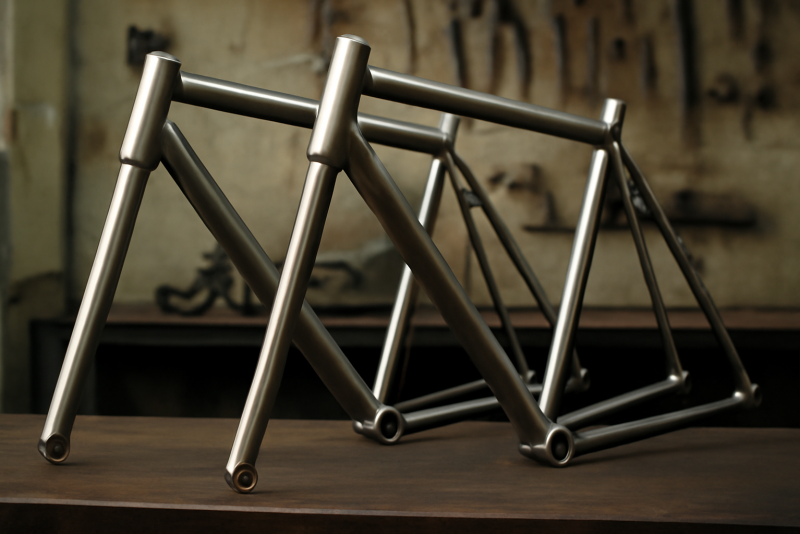 deux cadres de velo alignes en atelier
