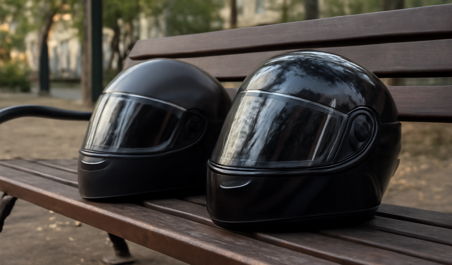 deux casques poses sur banc urbain