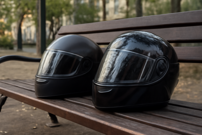 deux casques poses sur banc urbain