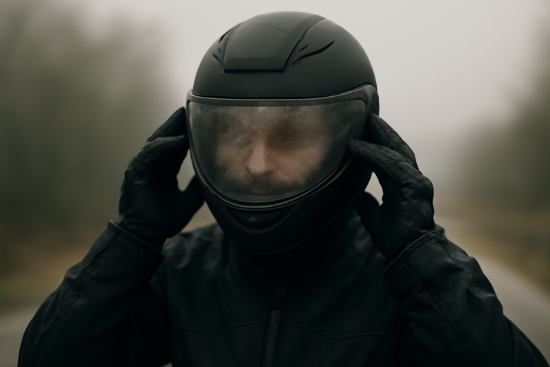 motard ajustant son casque avec visière embuée
