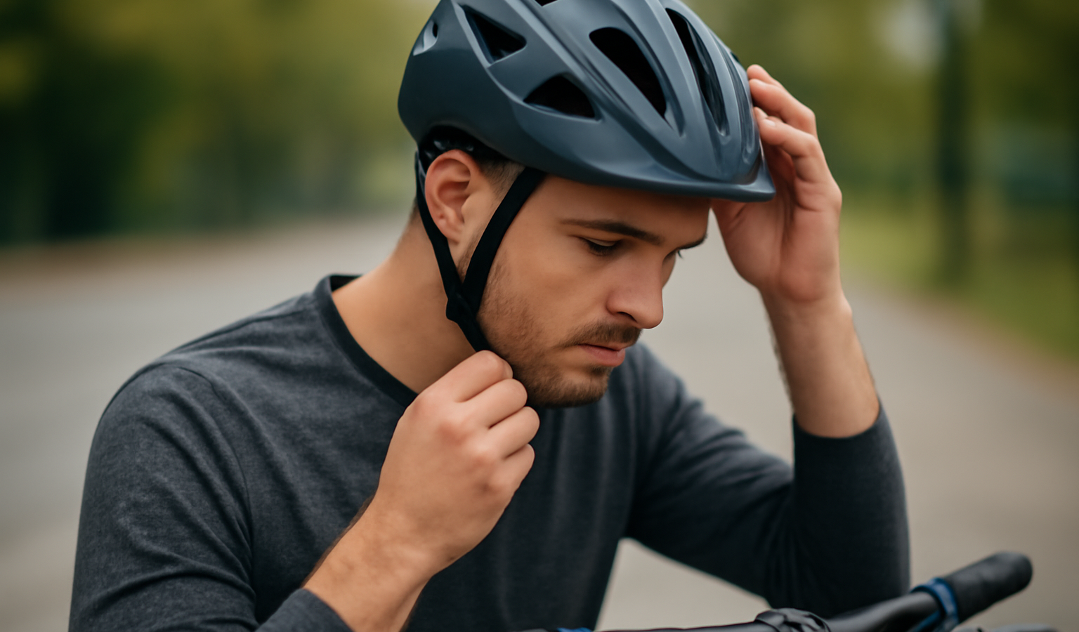 personne ajustant un casque sur velo