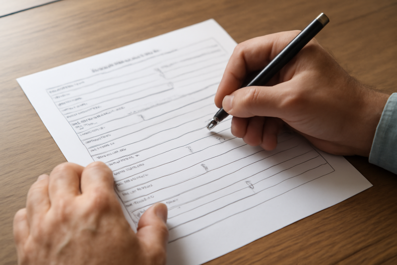 mains remplissant un formulaire administratif