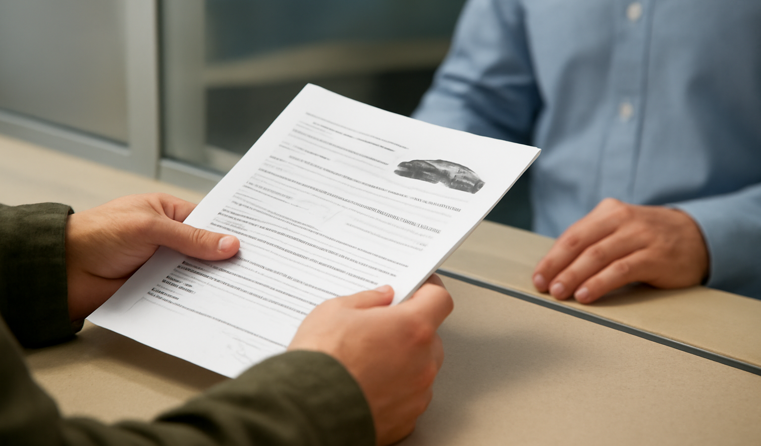 personne tenant des papiers de voiture au guichet