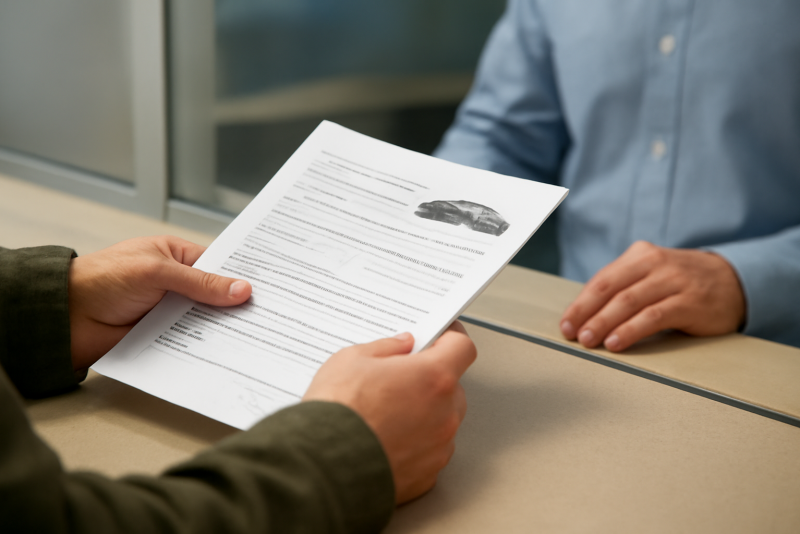 personne tenant des papiers de voiture au guichet