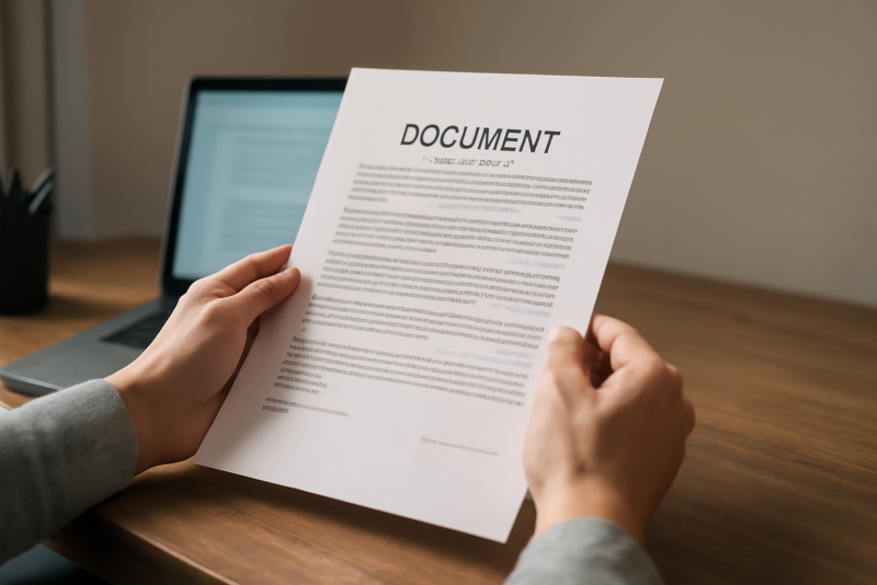 mains tenant document administratif devant ordinateur