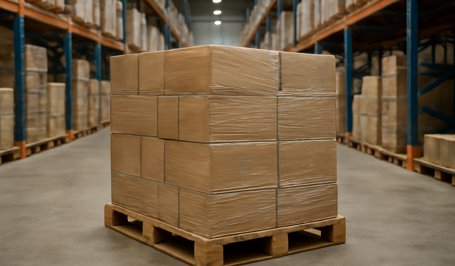 palette chargee dans entrepot logistique