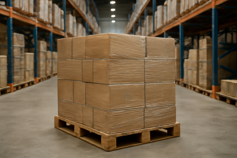 palette chargee dans entrepot logistique