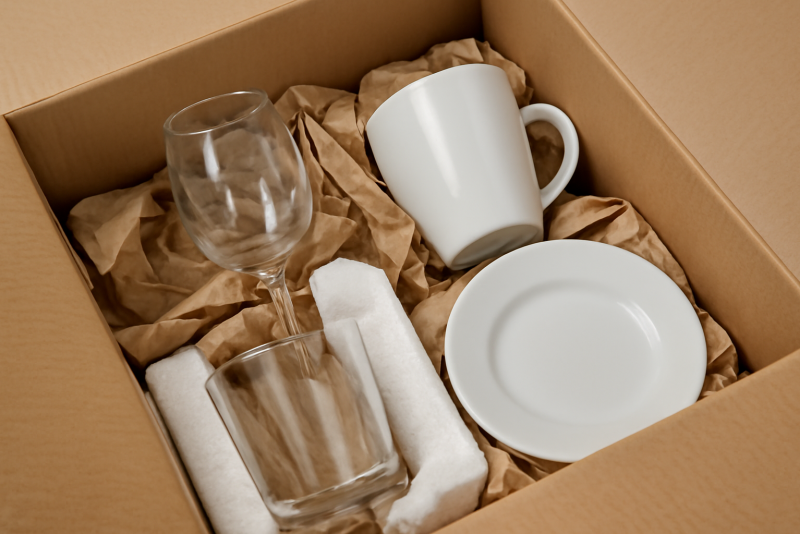 objets fragiles cales dans un carton