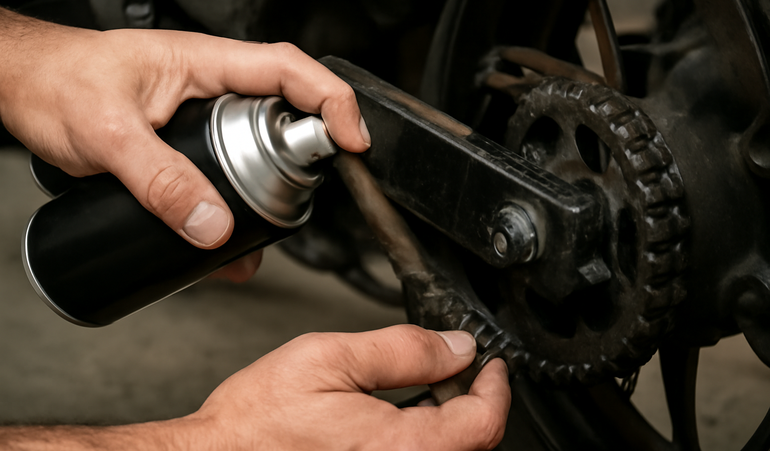 mains graissant une chaine de moto