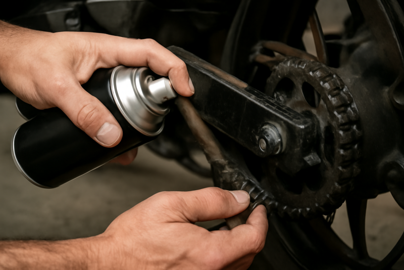 mains graissant une chaine de moto