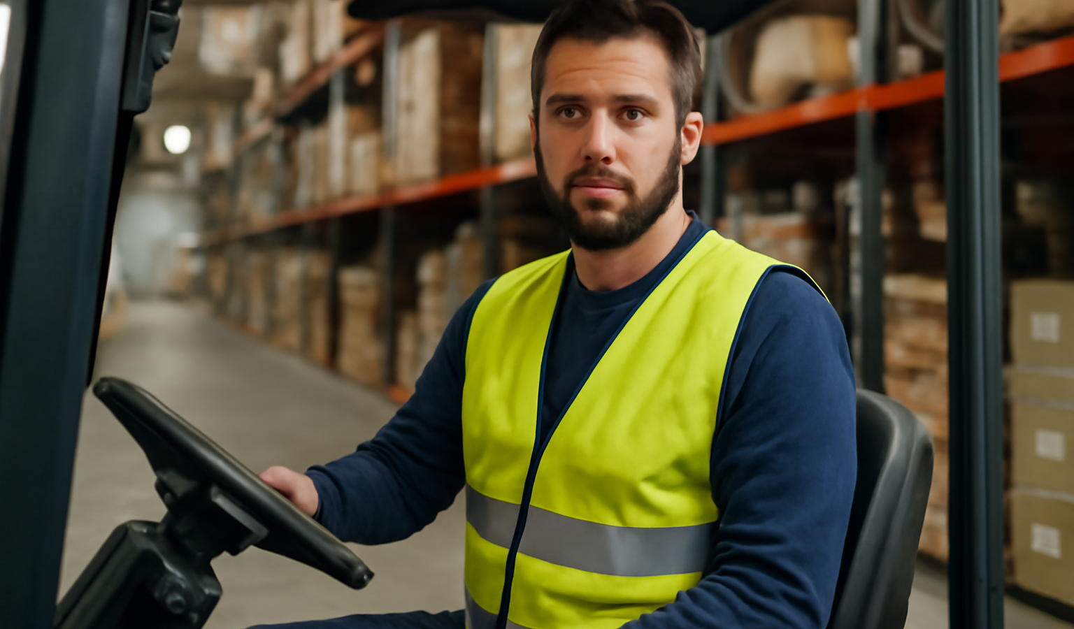 conducteur portant un gilet fluorescent dans un entrepot