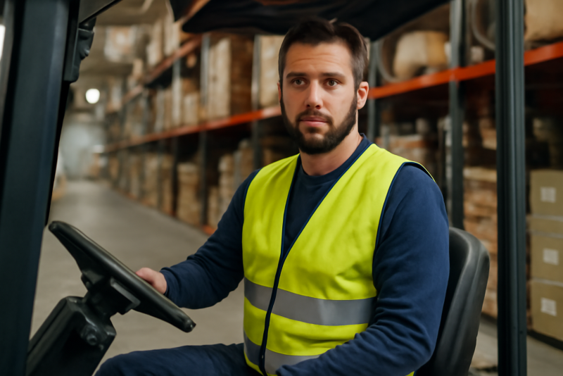 conducteur portant un gilet fluorescent dans un entrepot