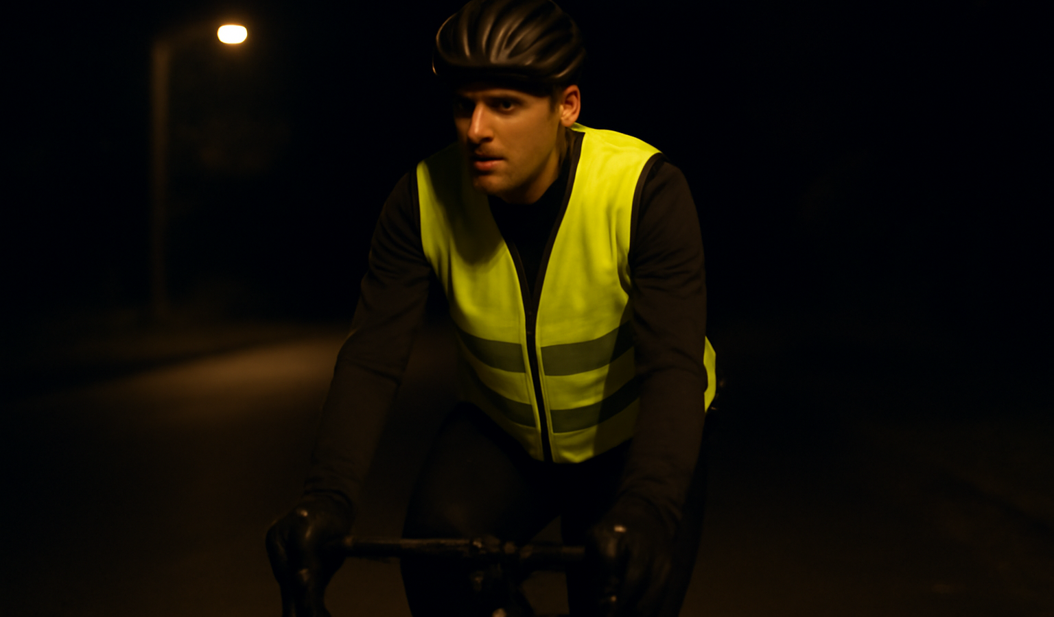 cycliste portant un gilet fluorescent la nuit