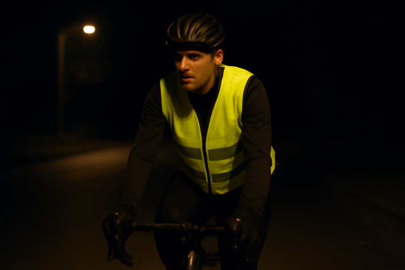 cycliste portant un gilet fluorescent la nuit