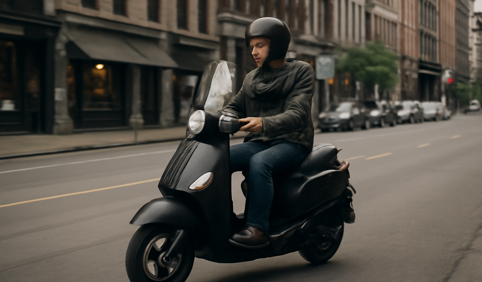 personne sur scooter traversant une rue urbaine