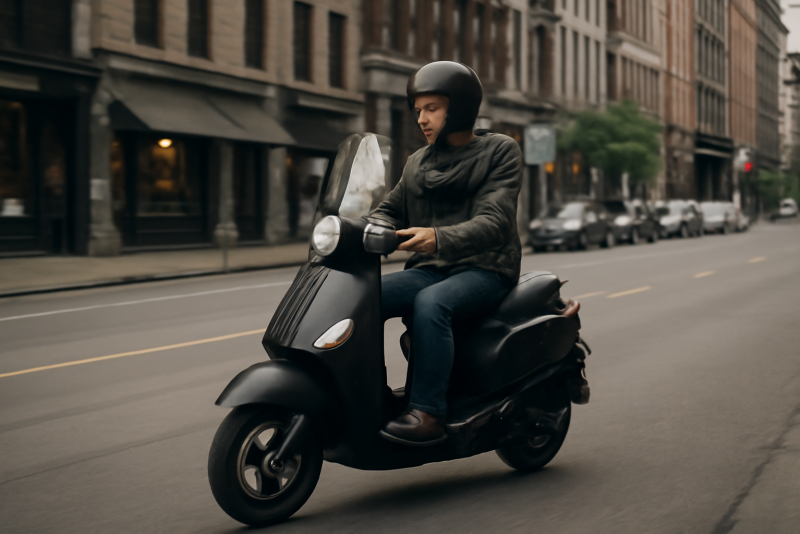 personne sur scooter traversant une rue urbaine