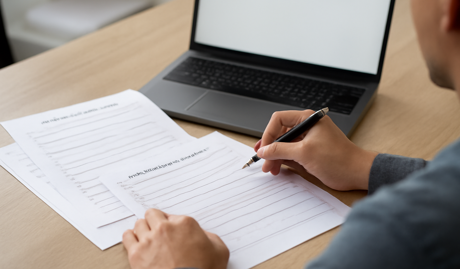 personne remplissant formulaires devant ordinateur