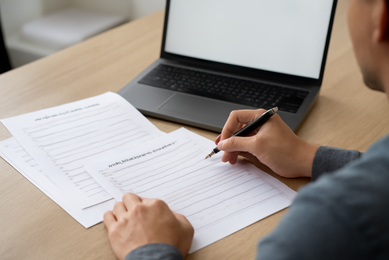 personne remplissant formulaires devant ordinateur