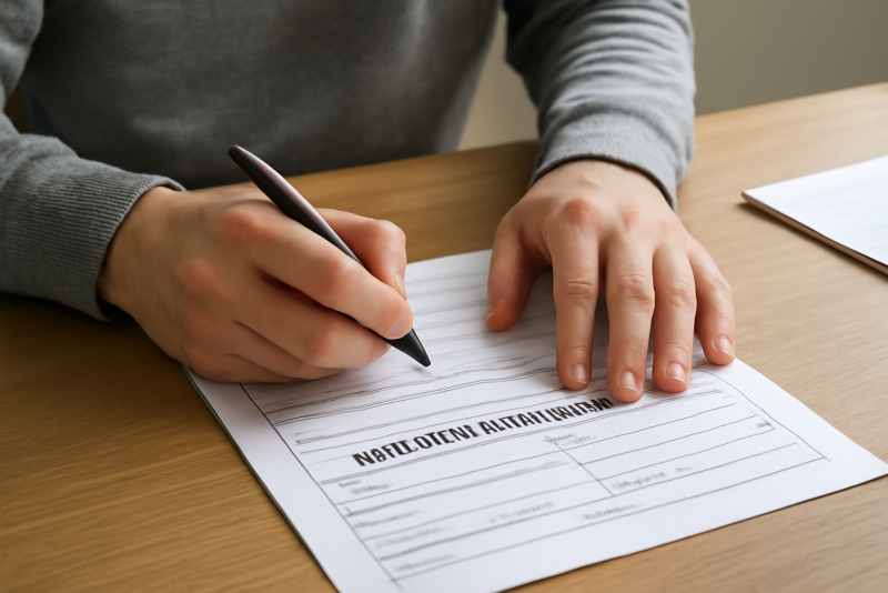 personne remplissant dossier d'immatriculation sur table