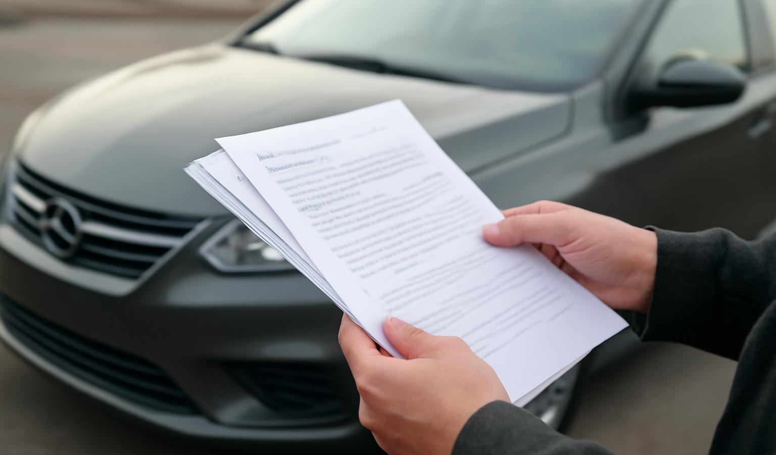 mains tenant des documents devant une voiture
