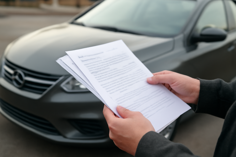 mains tenant des documents devant une voiture