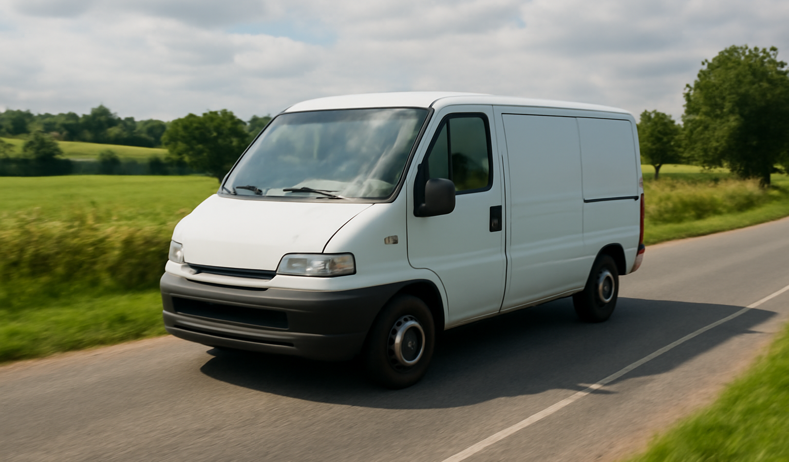 fourgon utilitaire roulant sur route de campagne