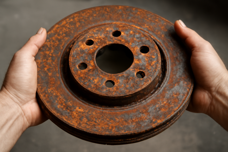 mains examinant disque de frein rouille