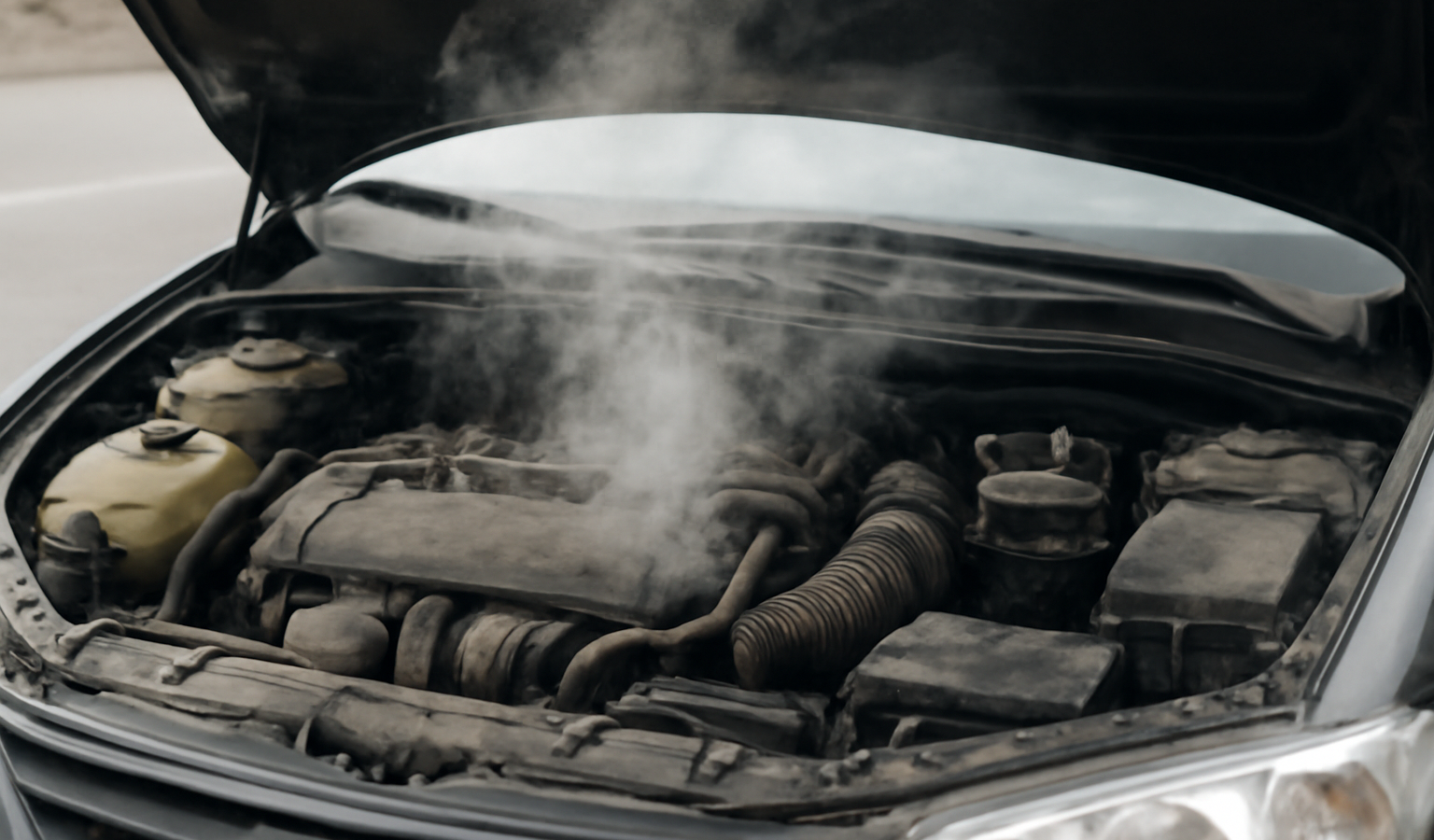 capot ouvert moteur fumant légèrement