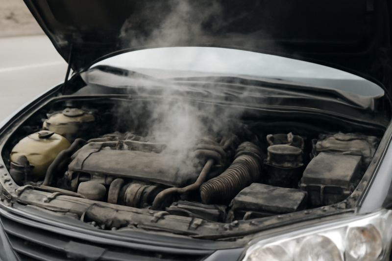 capot ouvert moteur fumant légèrement