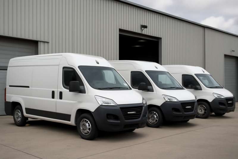 camionnettes de livraison garées devant entrepôt