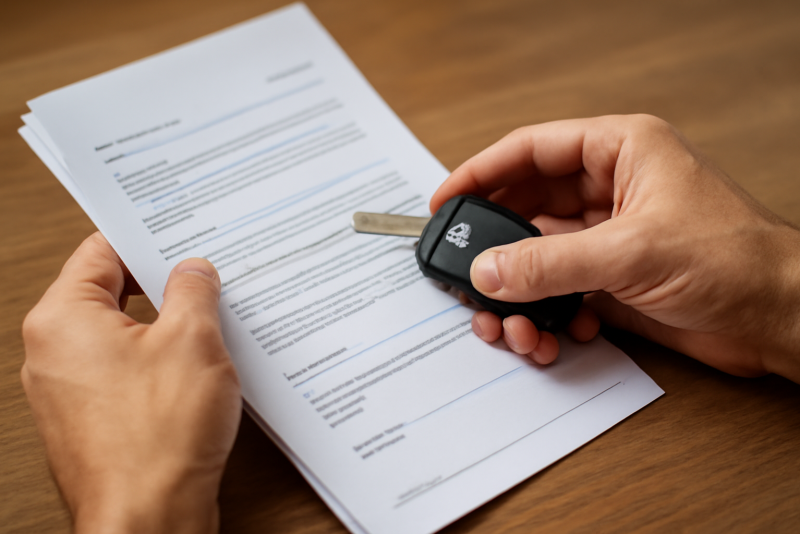 mains manipulant des papiers et clés de voiture